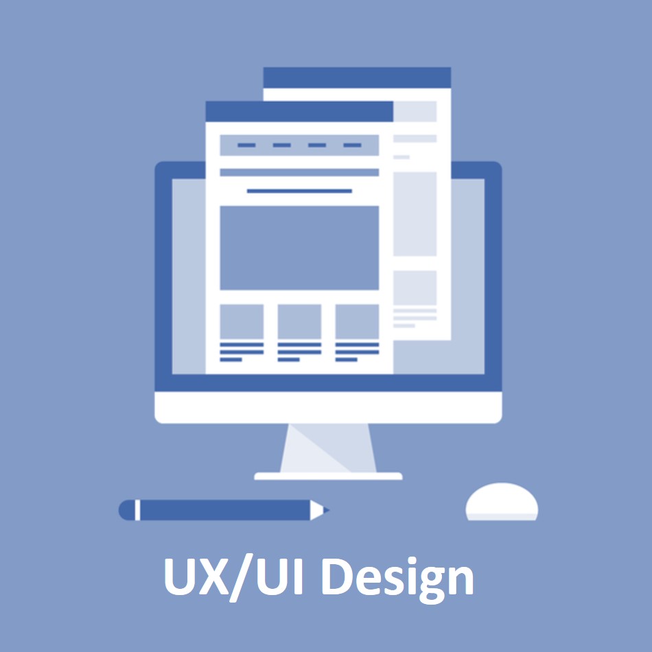 Illustration depicting UX/UI Design with computer monitor and web pages.